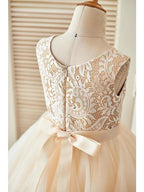 Short A-Line Lace Tulle Sleeveless Scoop Neck Pageant Flower Girl Dresses