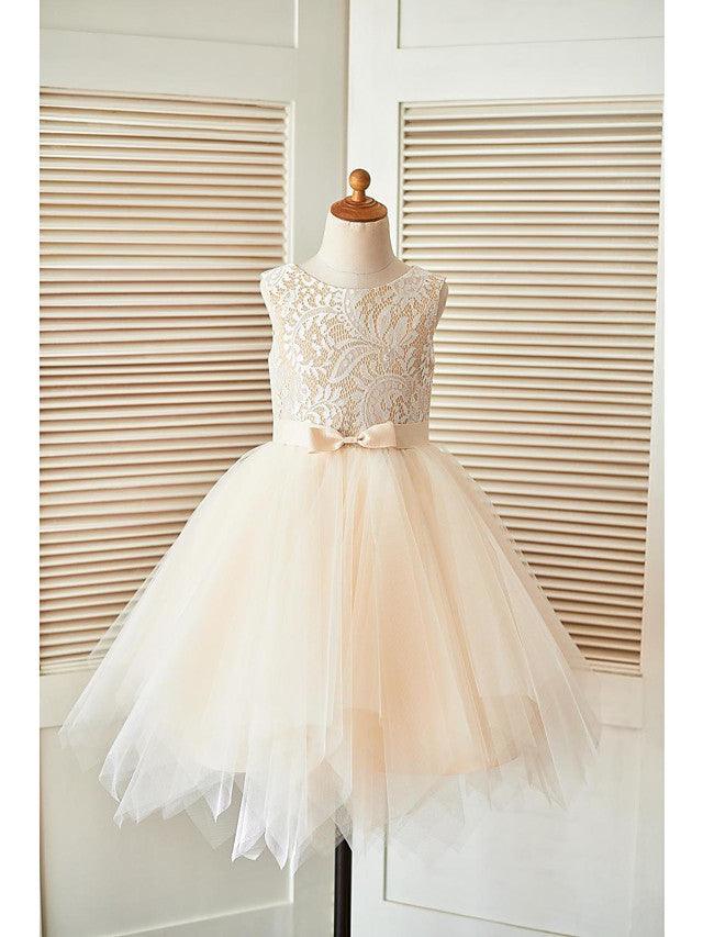 Short A-Line Lace Tulle Sleeveless Scoop Neck Pageant Flower Girl Dresses