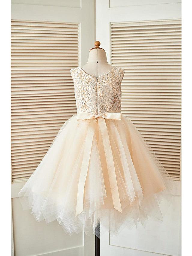 Short A-Line Lace Tulle Sleeveless Scoop Neck Pageant Flower Girl Dresses