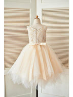 Short A-Line Lace Tulle Sleeveless Scoop Neck Pageant Flower Girl Dresses