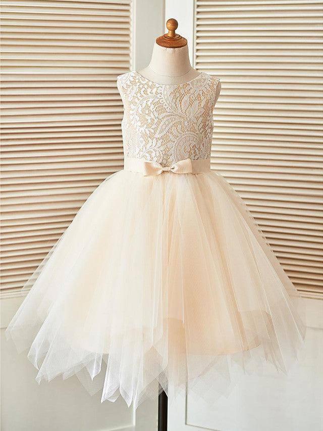 Short A-Line Lace Tulle Sleeveless Scoop Neck Pageant Flower Girl Dresses