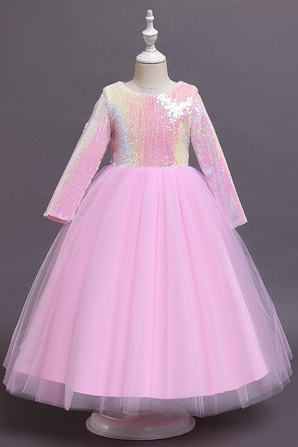 Kurzes A-Linien-Blumenmädchenkleid aus Tüll mit Pailletten und Ärmeln