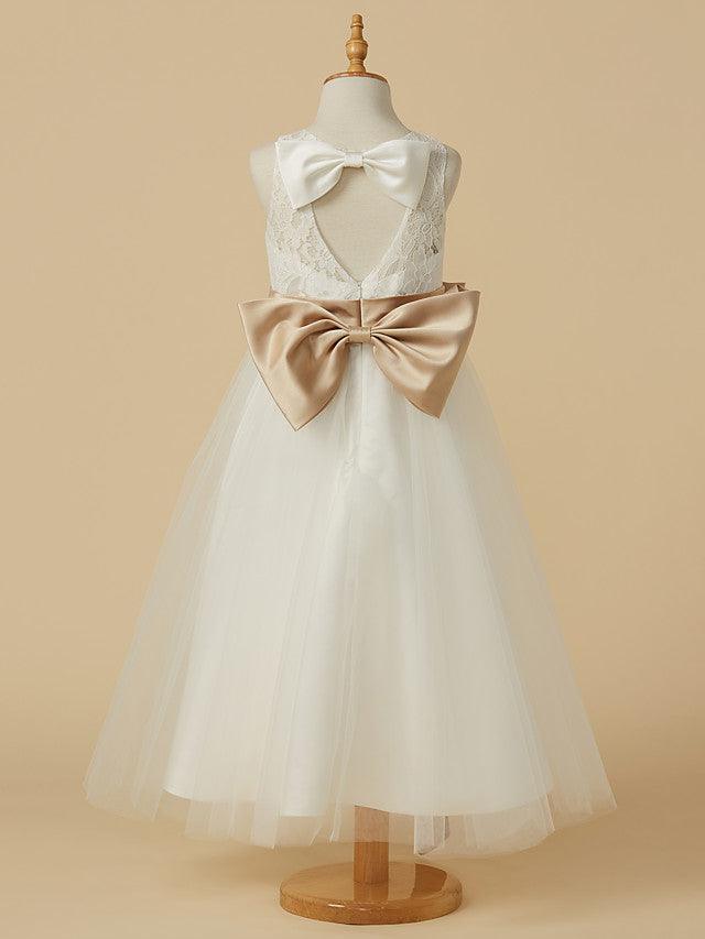 Vestido corto de tul con escote joya y corte A para boda, primera comunión, niña de las flores