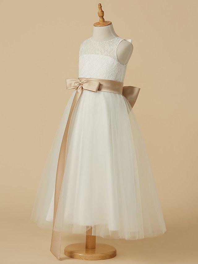 Vestido corto de tul con escote joya y corte A para boda, primera comunión, niña de las flores