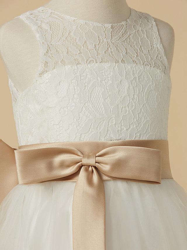 Vestido corto de tul con escote joya y corte A para boda, primera comunión, niña de las flores