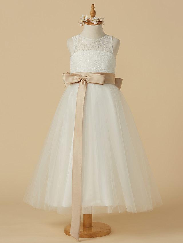 Vestido corto de tul con escote joya y corte A para boda, primera comunión, niña de las flores