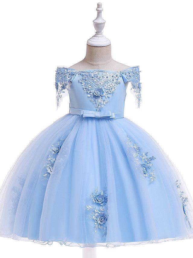 Kurzes A-Linien-Tüllkleid mit schulterfreiem Rücken für Hochzeit, Geburtstag, Festzug, Blumenmädchenkleid mit Ärmeln