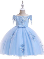 Kurzes A-Linien-Tüllkleid mit schulterfreiem Rücken für Hochzeit, Geburtstag, Festzug, Blumenmädchenkleid mit Ärmeln
