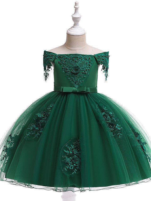 Kurzes A-Linien-Tüllkleid mit schulterfreiem Rücken für Hochzeit, Geburtstag, Festzug, Blumenmädchenkleid mit Ärmeln