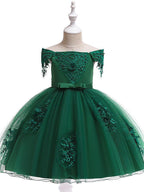 Kurzes A-Linien-Tüllkleid mit schulterfreiem Rücken für Hochzeit, Geburtstag, Festzug, Blumenmädchenkleid mit Ärmeln