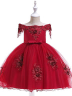 Kurzes A-Linien-Tüllkleid mit schulterfreiem Rücken für Hochzeit, Geburtstag, Festzug, Blumenmädchenkleid mit Ärmeln
