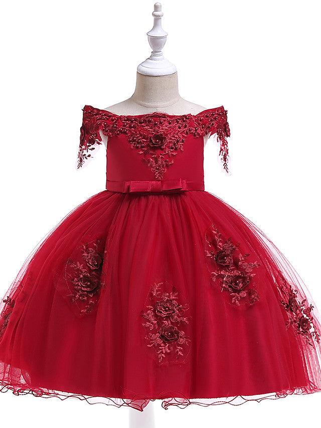 Kurzes A-Linien-Tüllkleid mit schulterfreiem Rücken für Hochzeit, Geburtstag, Festzug, Blumenmädchenkleid mit Ärmeln