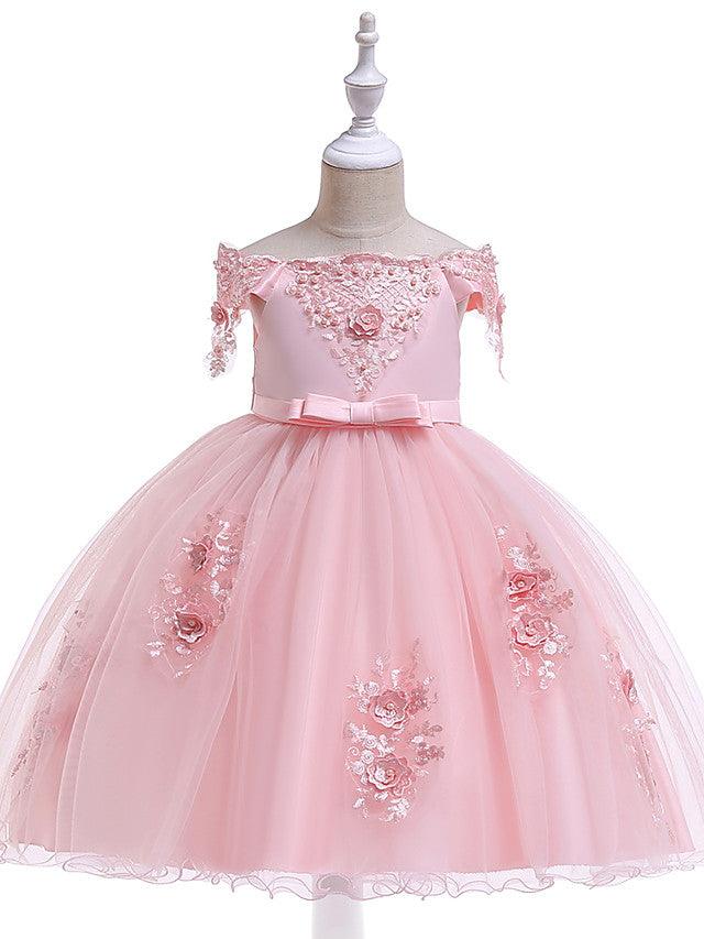 Kurzes A-Linien-Tüllkleid mit schulterfreiem Rücken für Hochzeit, Geburtstag, Festzug, Blumenmädchenkleid mit Ärmeln