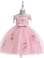 Kurzes A-Linien-Tüllkleid mit schulterfreiem Rücken für Hochzeit, Geburtstag, Festzug, Blumenmädchenkleid mit Ärmeln