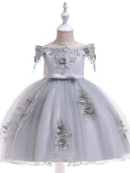 Kurzes A-Linien-Tüllkleid mit schulterfreiem Rücken für Hochzeit, Geburtstag, Festzug, Blumenmädchenkleid mit Ärmeln