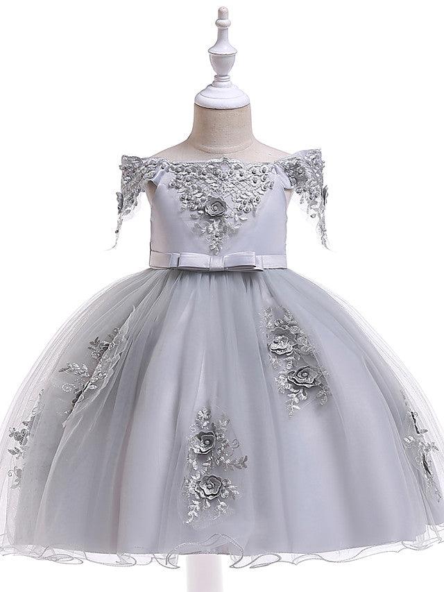 Kurzes A-Linien-Tüllkleid mit schulterfreiem Rücken für Hochzeit, Geburtstag, Festzug, Blumenmädchenkleid mit Ärmeln