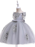 Kurzes A-Linien-Tüllkleid mit schulterfreiem Rücken für Hochzeit, Geburtstag, Festzug, Blumenmädchenkleid mit Ärmeln