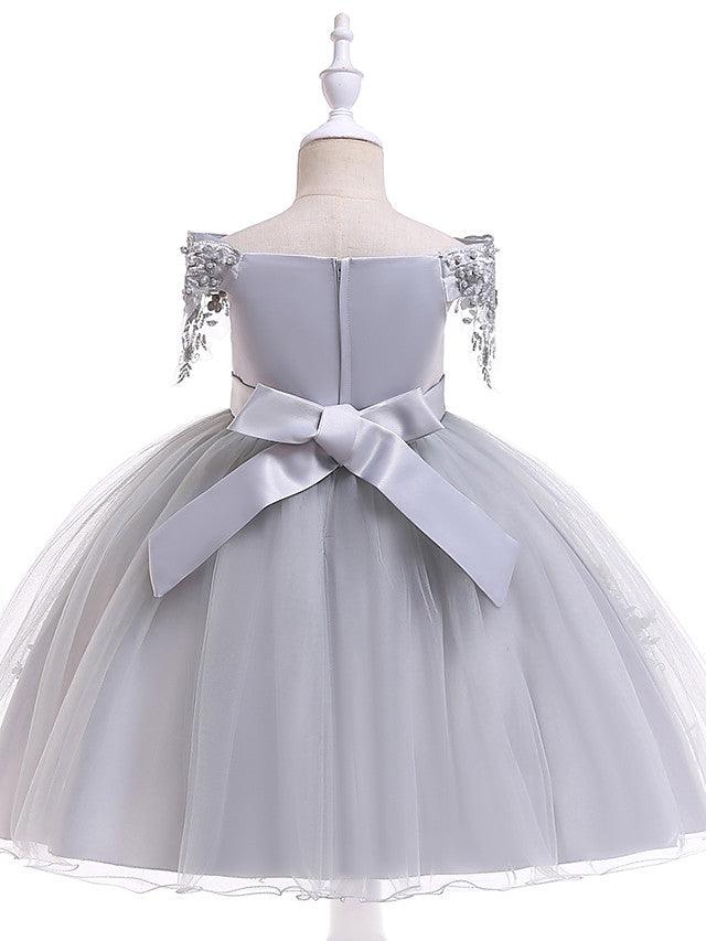 Kurzes A-Linien-Tüllkleid mit schulterfreiem Rücken für Hochzeit, Geburtstag, Festzug, Blumenmädchenkleid mit Ärmeln