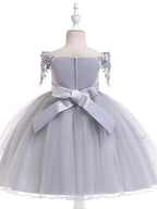 Kurzes A-Linien-Tüllkleid mit schulterfreiem Rücken für Hochzeit, Geburtstag, Festzug, Blumenmädchenkleid mit Ärmeln