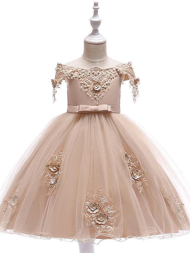 Kurzes A-Linien-Tüllkleid mit schulterfreiem Rücken für Hochzeit, Geburtstag, Festzug, Blumenmädchenkleid mit Ärmeln