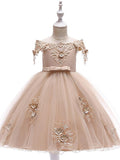 Kurzes A-Linien-Tüllkleid mit schulterfreiem Rücken für Hochzeit, Geburtstag, Festzug, Blumenmädchenkleid mit Ärmeln