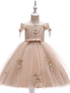 Kurzes A-Linien-Tüllkleid mit schulterfreiem Rücken für Hochzeit, Geburtstag, Festzug, Blumenmädchenkleid mit Ärmeln