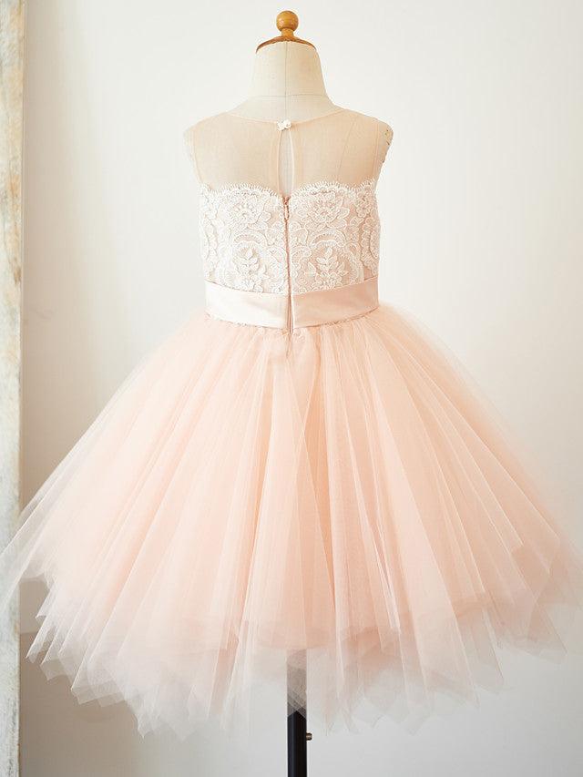 Vestidos de niña de las flores cortos de corte A de tul sin mangas con cuello joya