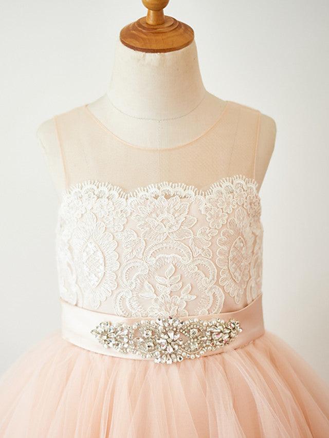 Vestidos de niña de las flores cortos de corte A de tul sin mangas con cuello joya
