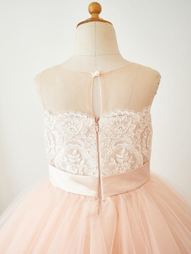 Vestidos de niña de las flores cortos de corte A de tul sin mangas con cuello joya