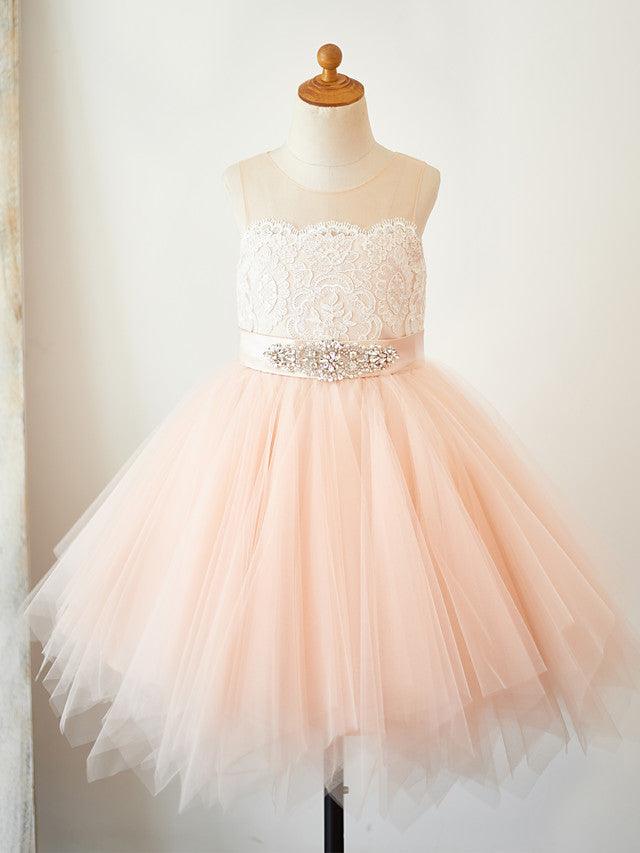 Vestidos de niña de las flores cortos de corte A de tul sin mangas con cuello joya