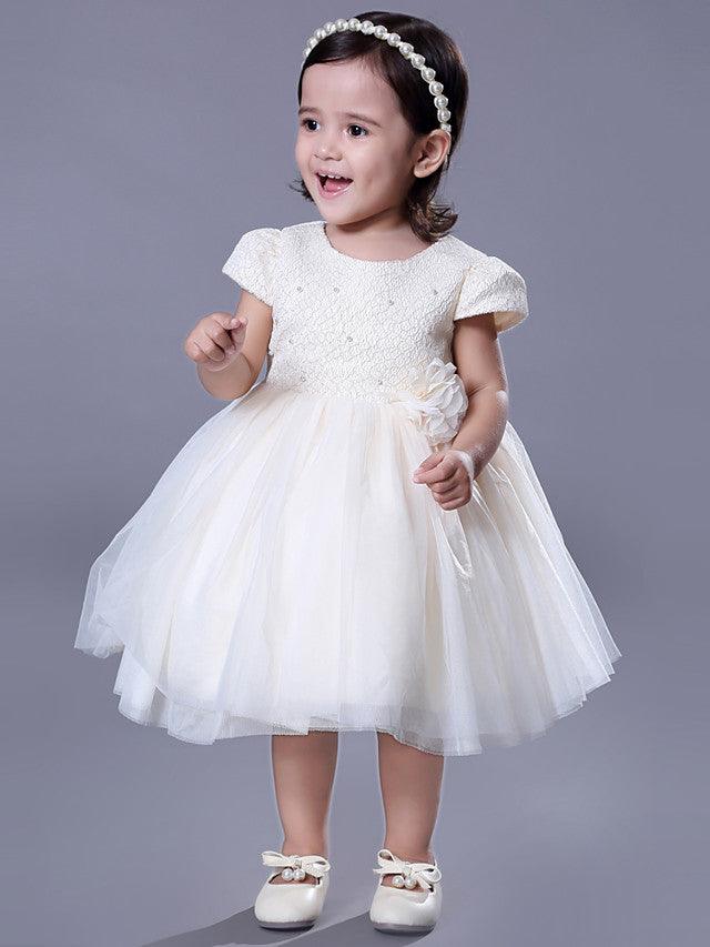 Vestido corto de encaje con cuello joya para boda, evento, fiesta, vestidos de niña de las flores con mangas
