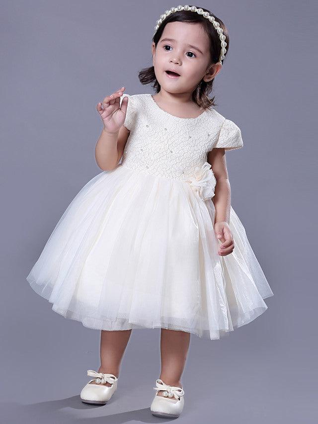 Vestido corto de encaje con cuello joya para boda, evento, fiesta, vestidos de niña de las flores con mangas