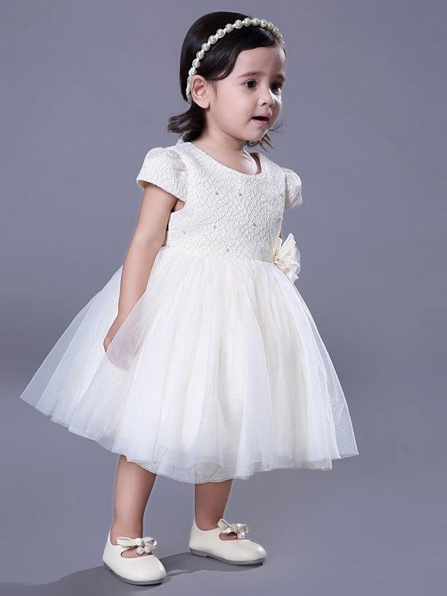 Vestido corto de encaje con cuello joya para boda, evento, fiesta, vestidos de niña de las flores con mangas