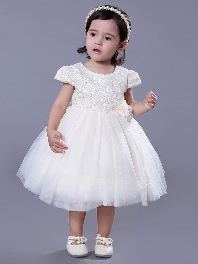 Vestido corto de encaje con cuello joya para boda, evento, fiesta, vestidos de niña de las flores con mangas