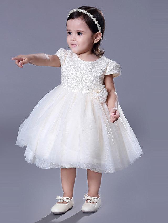 Vestido corto de encaje con cuello joya para boda, evento, fiesta, vestidos de niña de las flores con mangas
