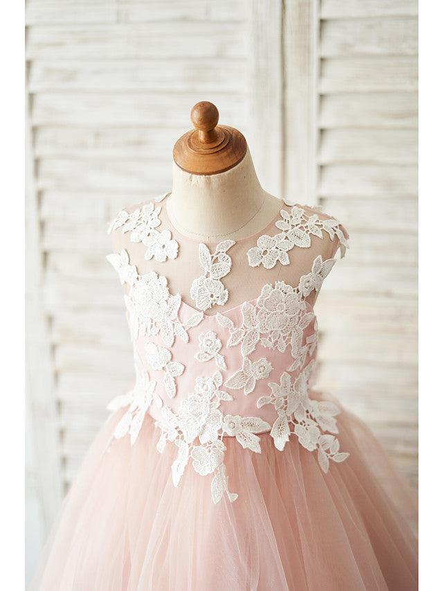 Vestido corto de tul sin mangas con cuello joya para boda, cumpleaños, niña de las flores