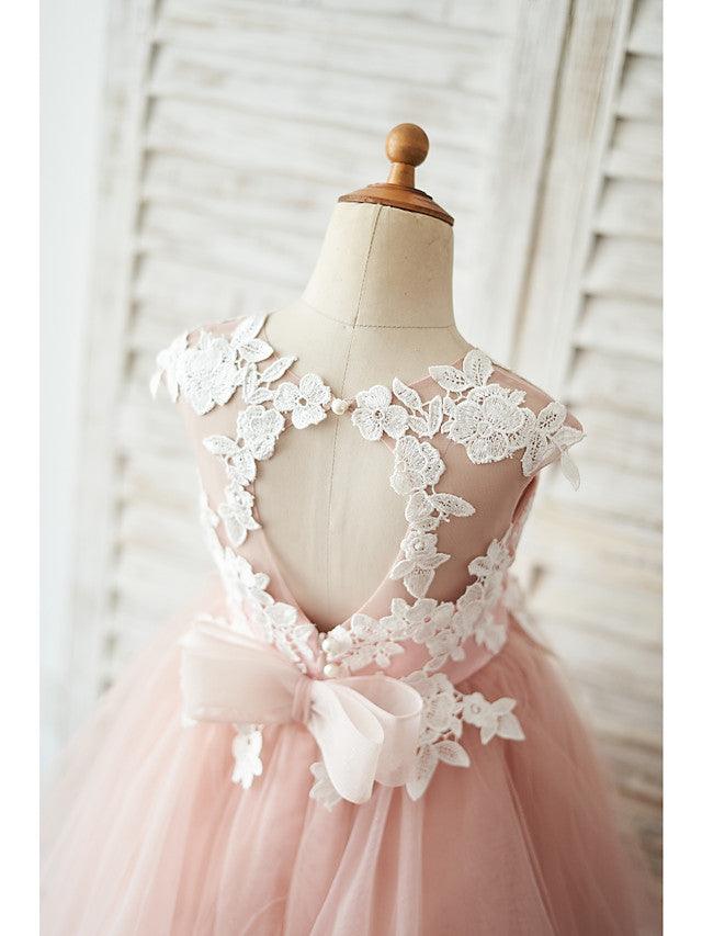 Vestido corto de tul sin mangas con cuello joya para boda, cumpleaños, niña de las flores
