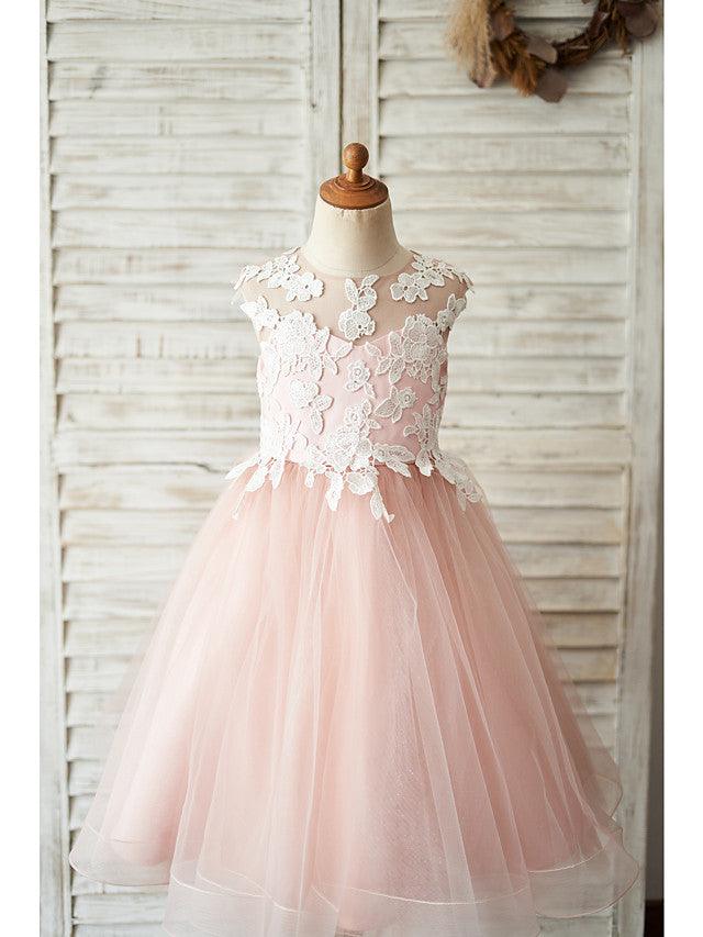 Vestido corto de tul sin mangas con cuello joya para boda, cumpleaños, niña de las flores
