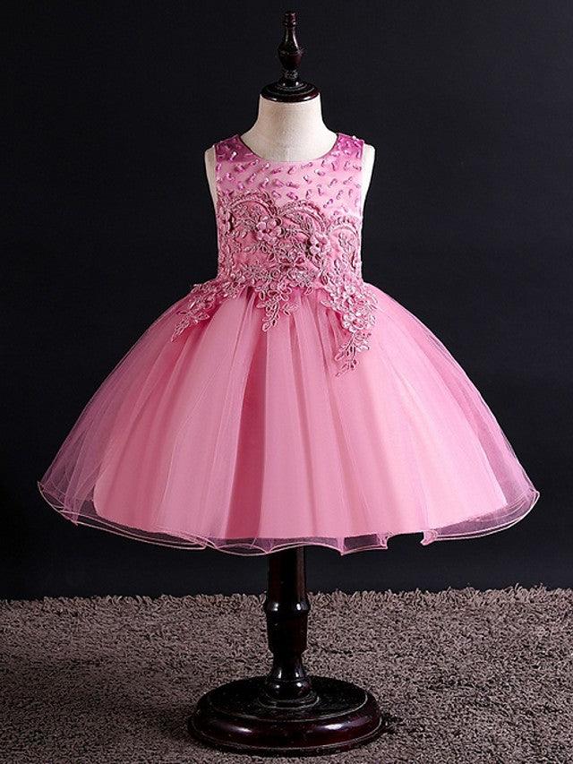 Vestido corto de tul sin mangas con cuello joya para fiesta de bodas y niñas de las flores