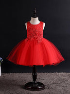 Short Ball Gown Tulle Sleeveless Jewel Neck Wedding Party Flower Girl Dresses