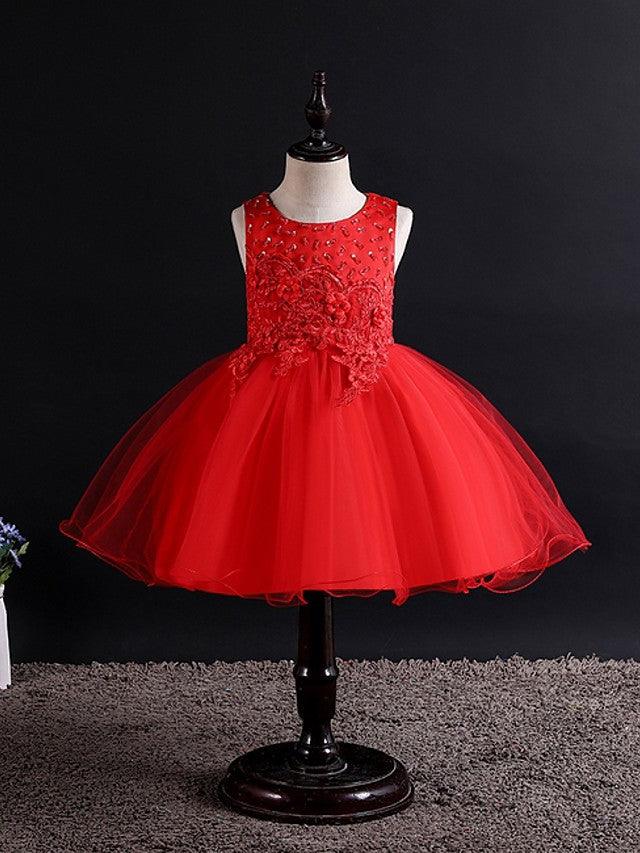 Vestido corto de tul sin mangas con cuello joya para fiesta de bodas y niñas de las flores