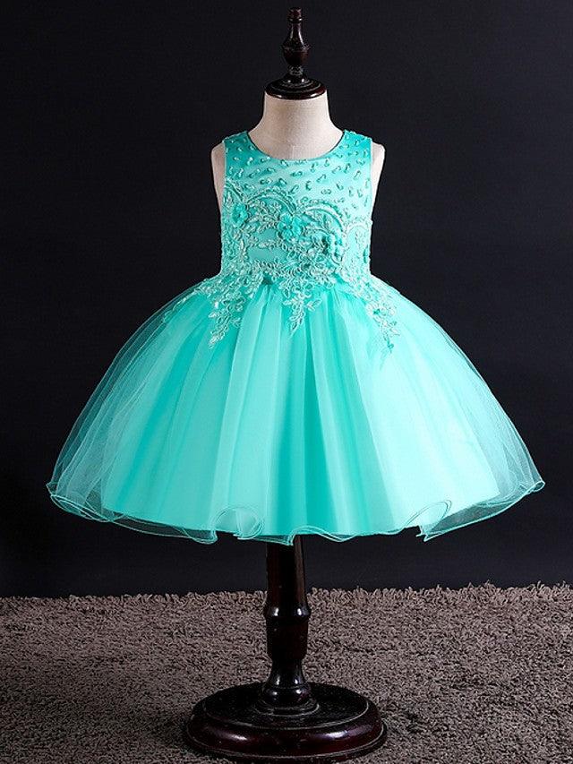 Vestido corto de tul sin mangas con cuello joya para fiesta de bodas y niñas de las flores