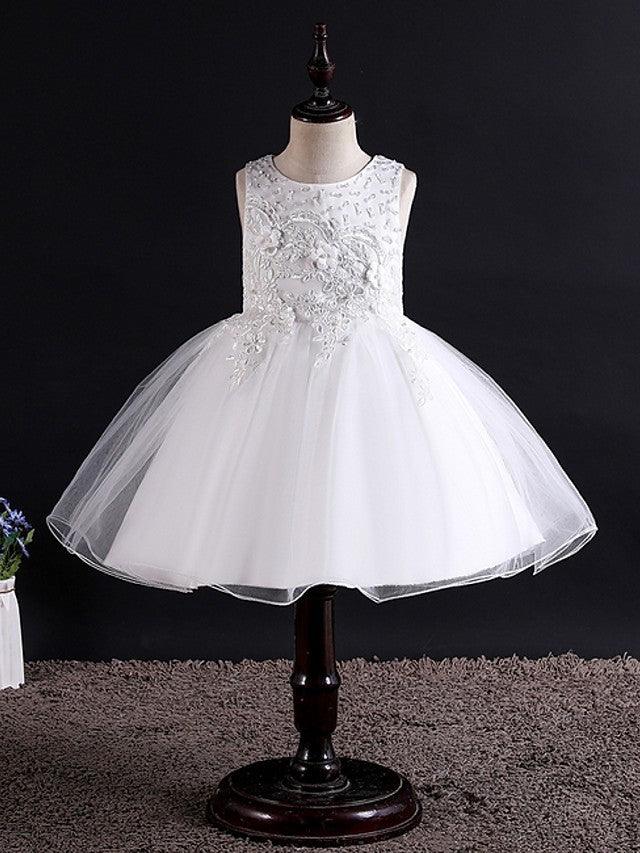 Vestido corto de tul sin mangas con cuello joya para fiesta de bodas y niñas de las flores