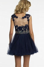 Vestido corto azul marino para fiesta de bienvenida con apliques y cuentas
