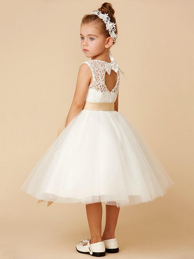 Vestidos de niña de las flores de primera comunión con cuello joya y tul princesa corto