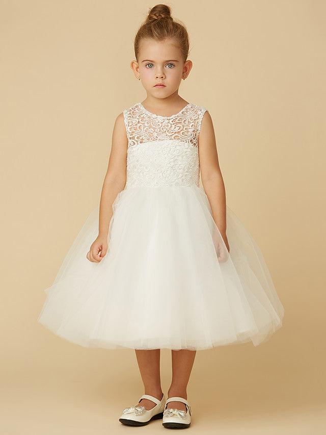 Vestidos de niña de las flores de primera comunión con cuello joya y tul princesa corto