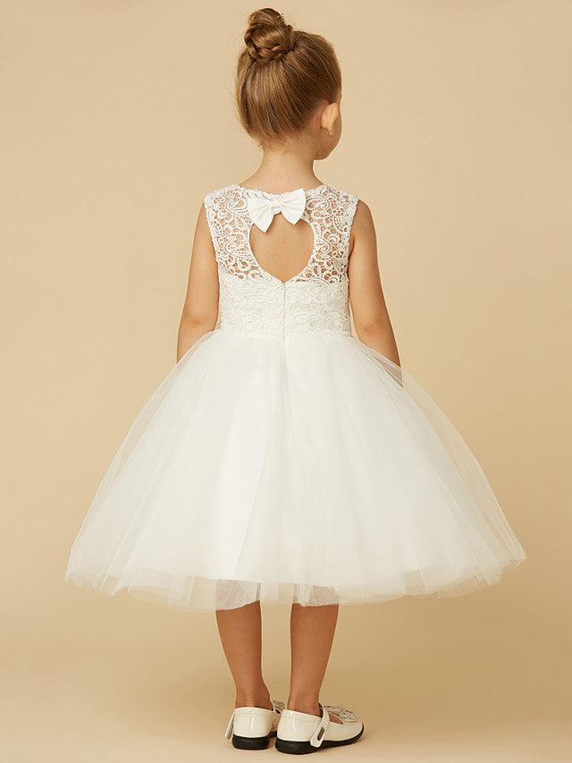 Vestidos de niña de las flores de primera comunión con cuello joya y tul princesa corto