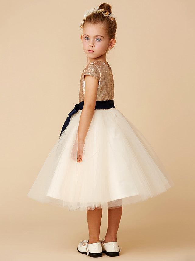 Kurzes Prinzessinnen-Kleid aus Tüll mit Pailletten und Rundhalsausschnitt, Festzugskleid für Blumenmädchen mit Ärmeln