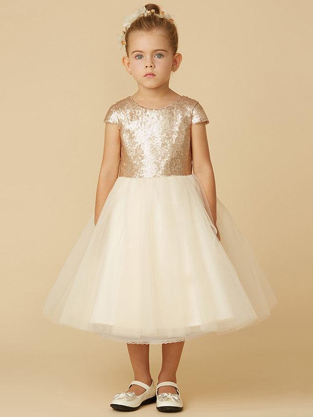 Kurzes Prinzessinnen-Kleid aus Tüll mit Pailletten und Rundhalsausschnitt, Festzugskleid für Blumenmädchen mit Ärmeln