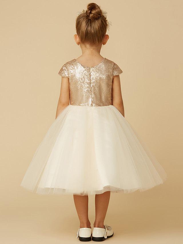 Kurzes Prinzessinnen-Kleid aus Tüll mit Pailletten und Rundhalsausschnitt, Festzugskleid für Blumenmädchen mit Ärmeln